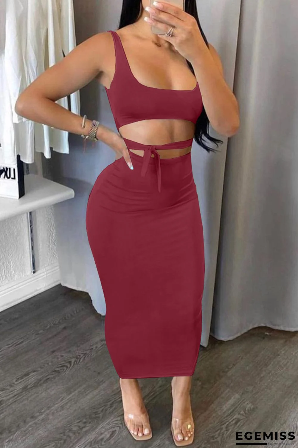 Burgundy Fashion Sexy Solid Backless Strap Design U Neck Sleeveless Two Pieces | EGEMISS