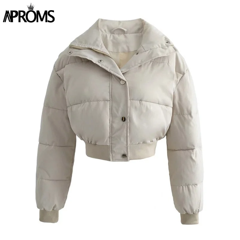 Aproms Elegant Solid Color Cropped Puffer Jackets Women Winter Cotton Padded Soft Warm Coats Female High Fashion Outerwear 2022