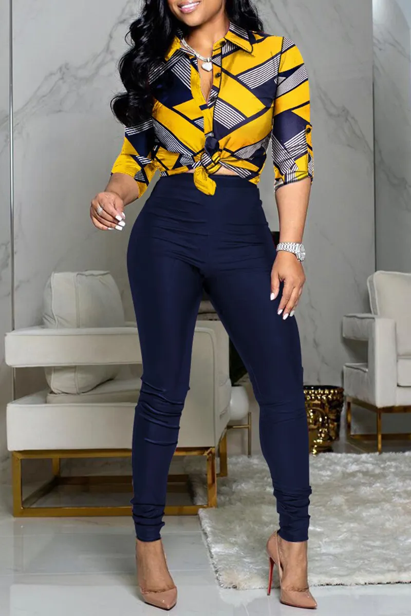 Casual Print Split Joint Turndown Collar Tops