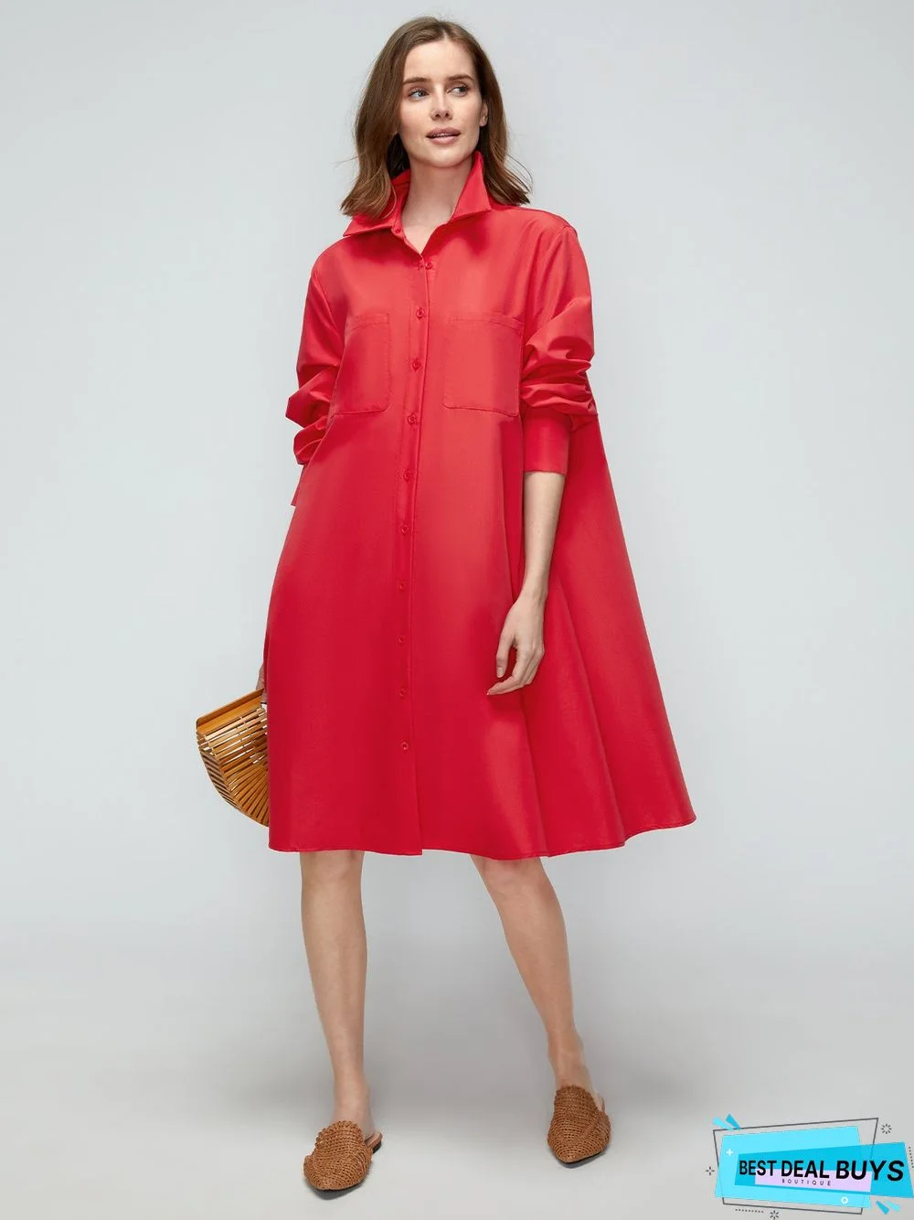 Shirt Dress Long sleeve Plain Simple Dress