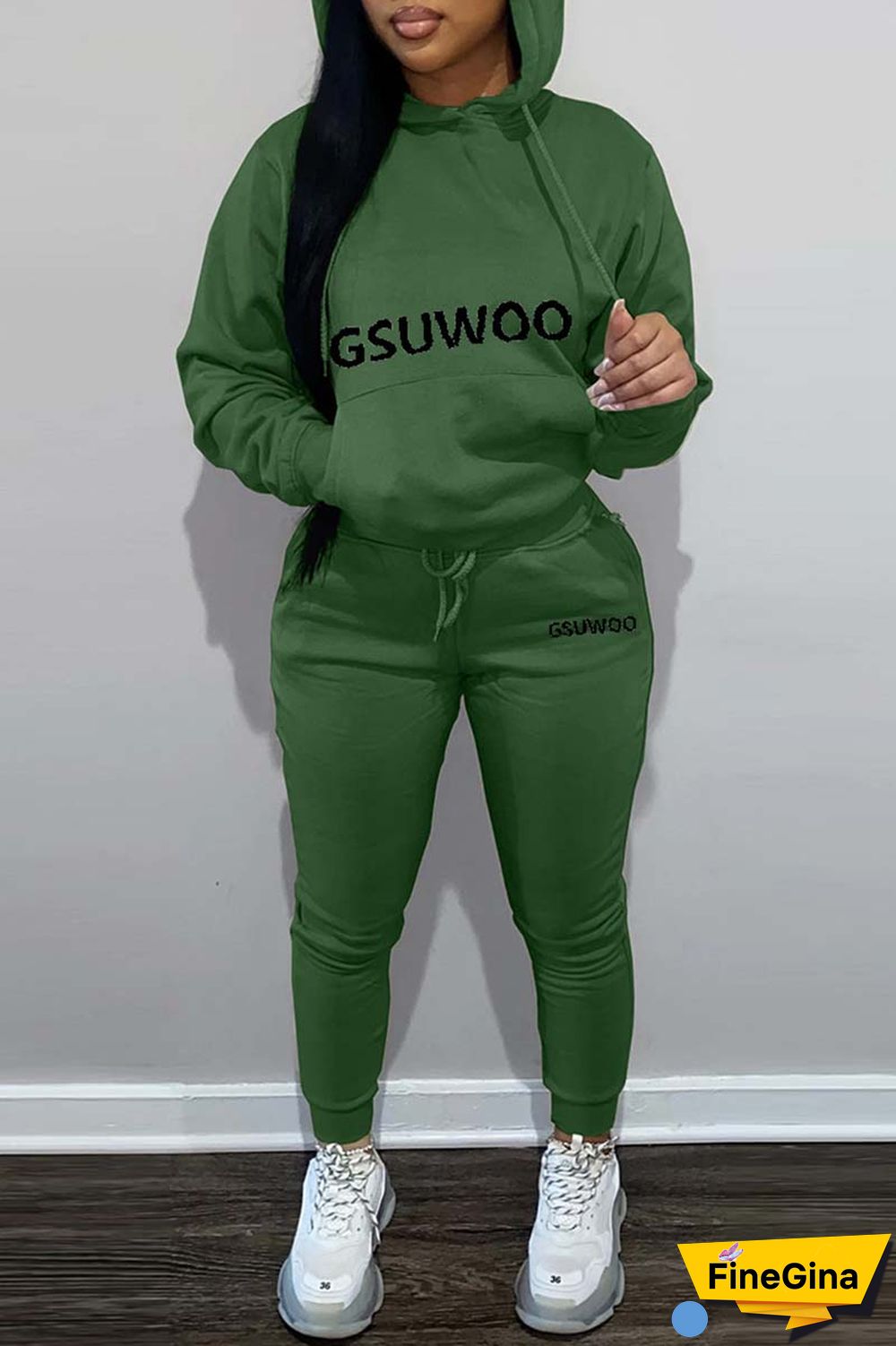 Khaki Casual Letter Print Basic Hooded Collar Long Sleeve Two Pieces