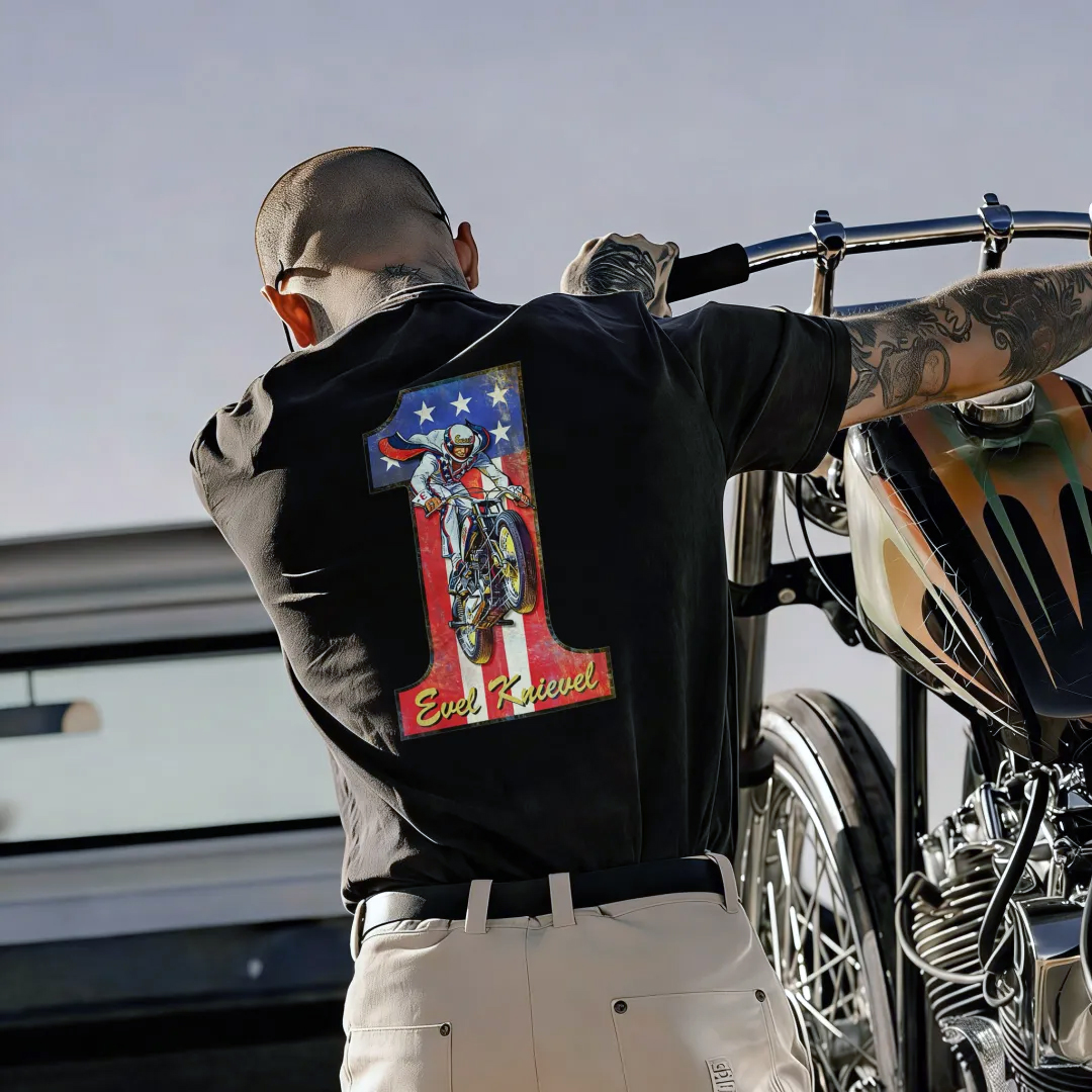 Cotton Evel Knievel Graphic Retro Motorcycle Design Tee