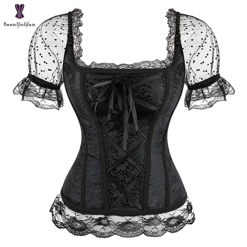 Fashion Princess Style Women Black Lingerie Body Shapewear Lace Bustier Top Short Sleeve Corset