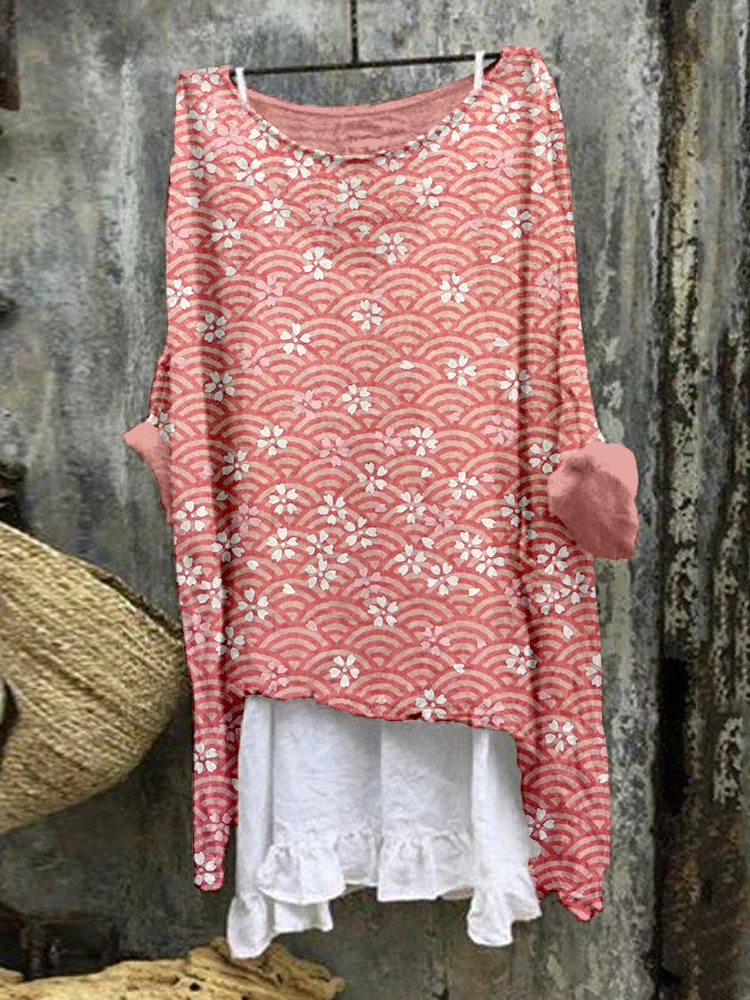 Pink Seigaiha with White Sakura Blossoms Art Linen Blend Flowy Tunic