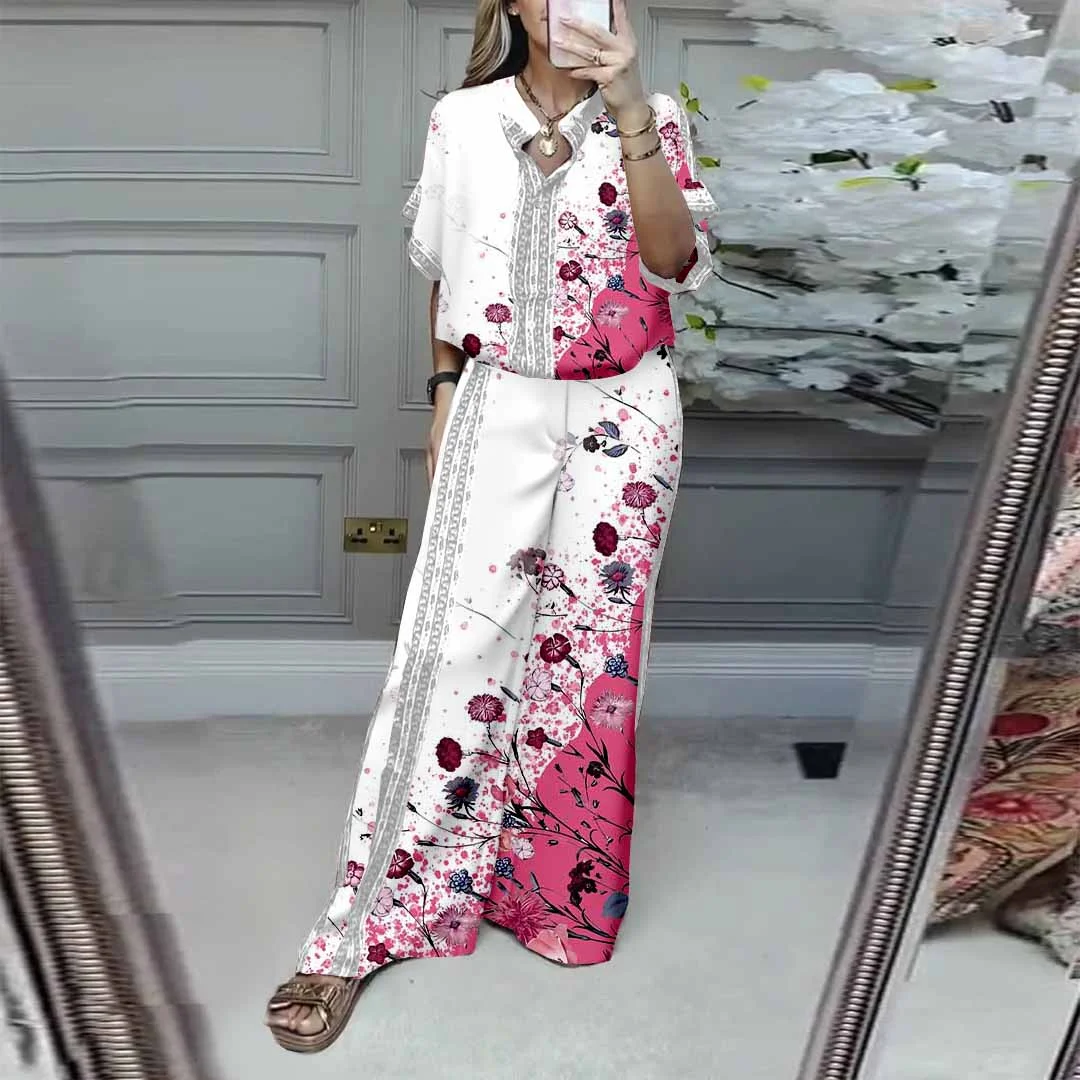 Women Floral,Pink,Blue DZDL1198 V-neck Short Sleeve Blouse and Pants Set