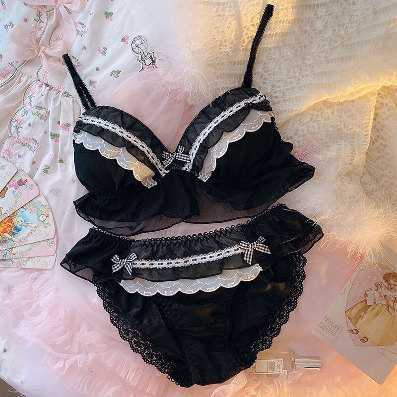 Girly sexy cute bow ruffled triangle cup bra set wirefree lace ribbon lingerie panties set bowknot knitted cotton underwear