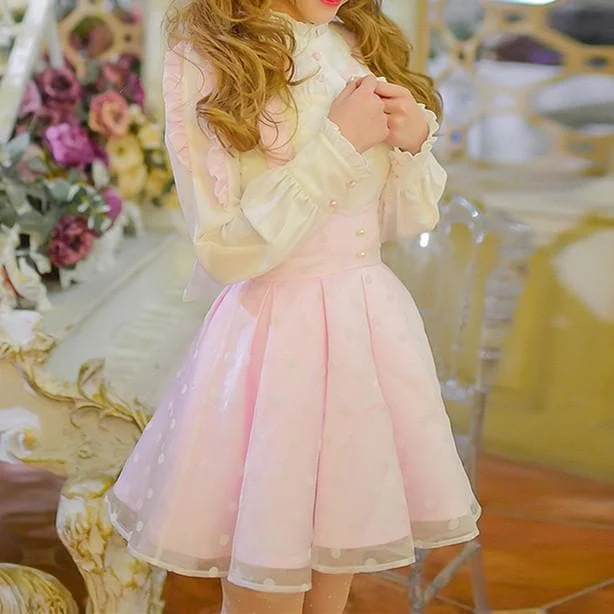 S/M/L Pink High-Waisted Sweet Gauze Pleated Suspender Dress SP165131