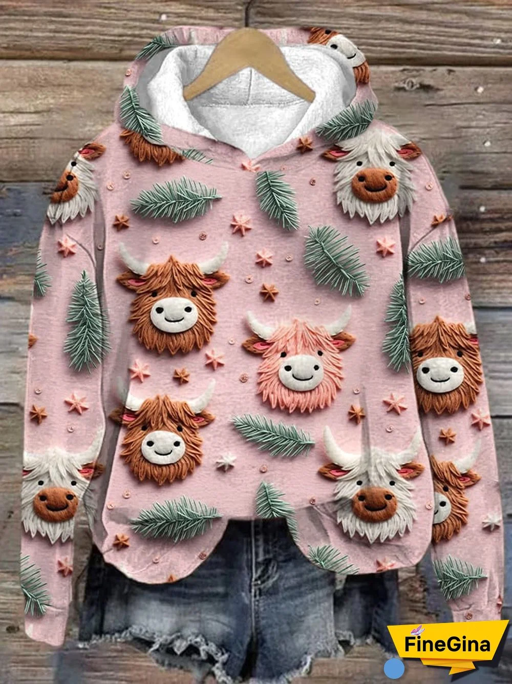 Women's Christmas Cow Head Print Hoodie