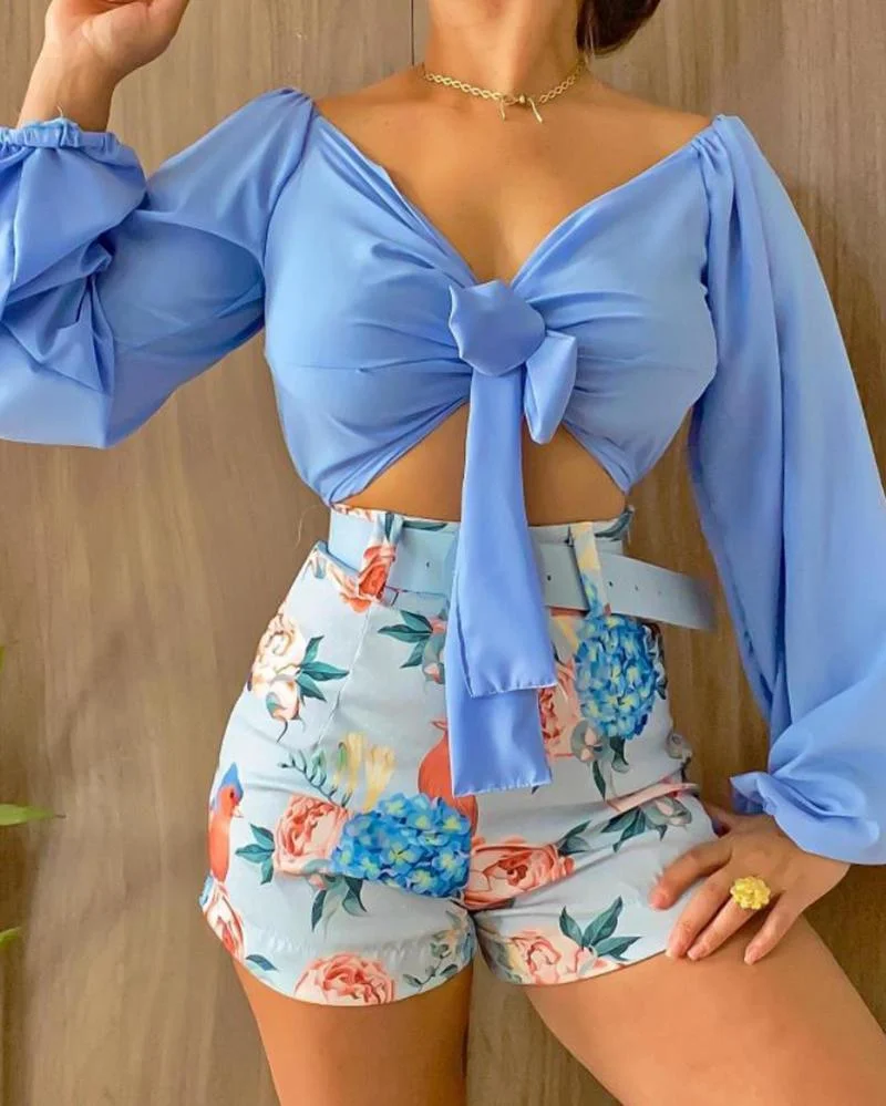 Short Long Sleeve Top & Printed Shorts Set