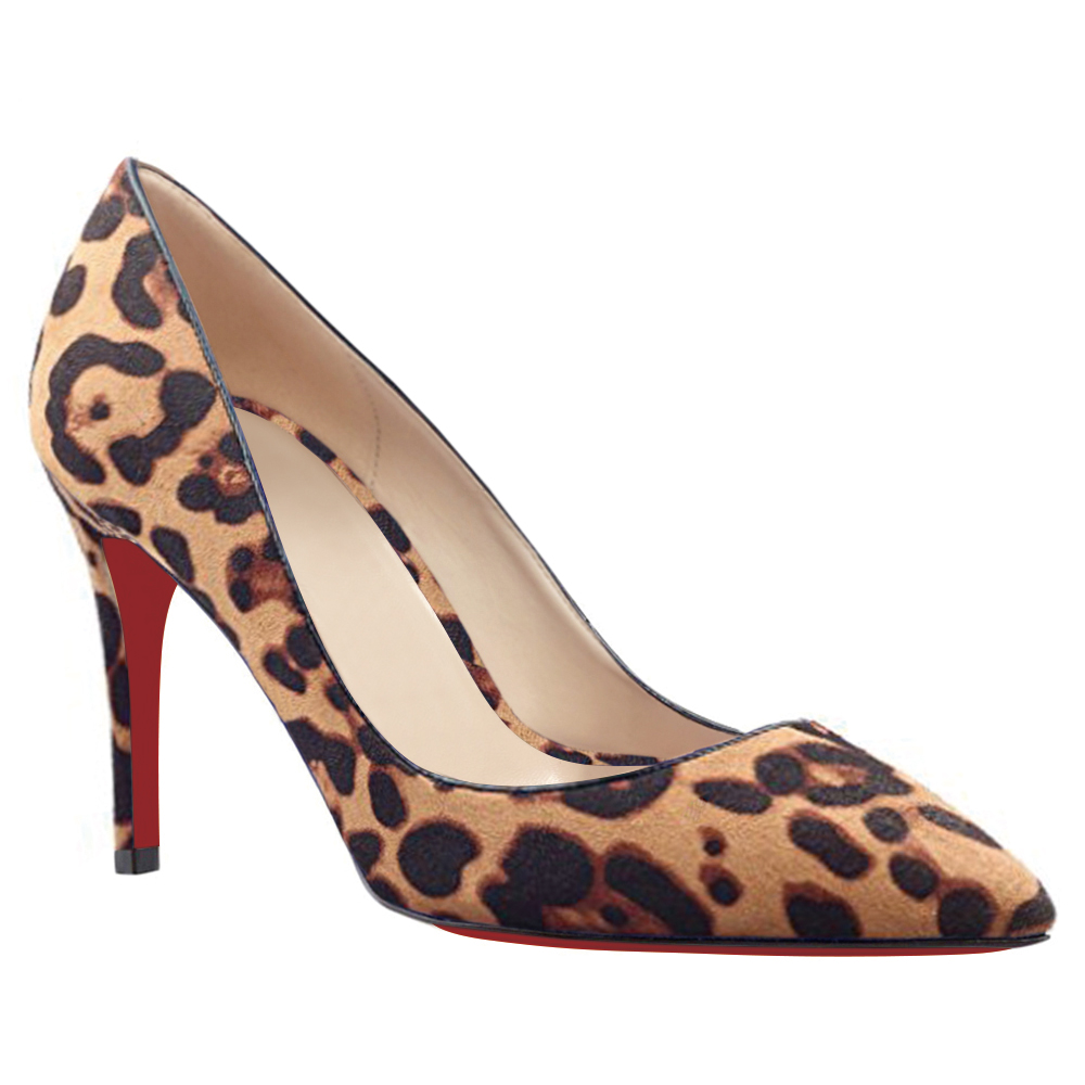 90mm Middle Heels Pointy Toe Pumps Leopard Suede-vocosishoes