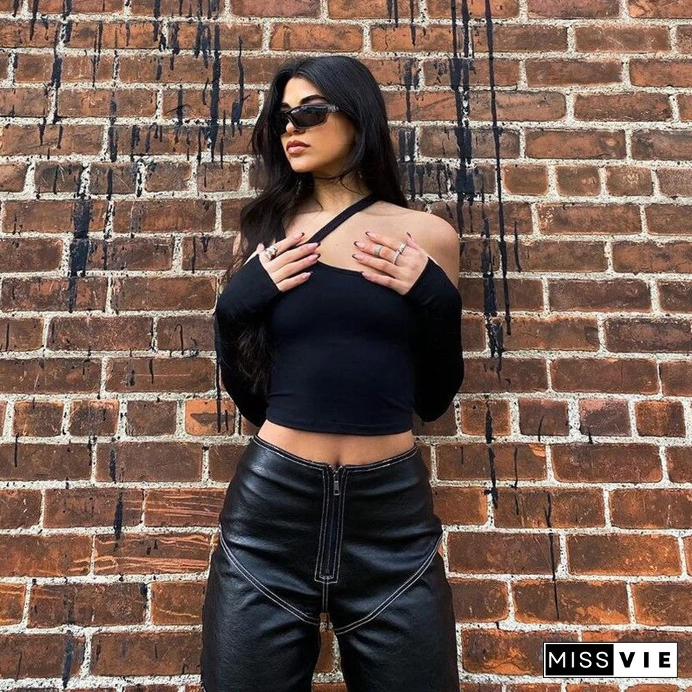 Autumn Fashion Casual Slim Solid Removable Sleeves Halter T Shirt For Women New Streetwear Wild Basic Female Top Hot