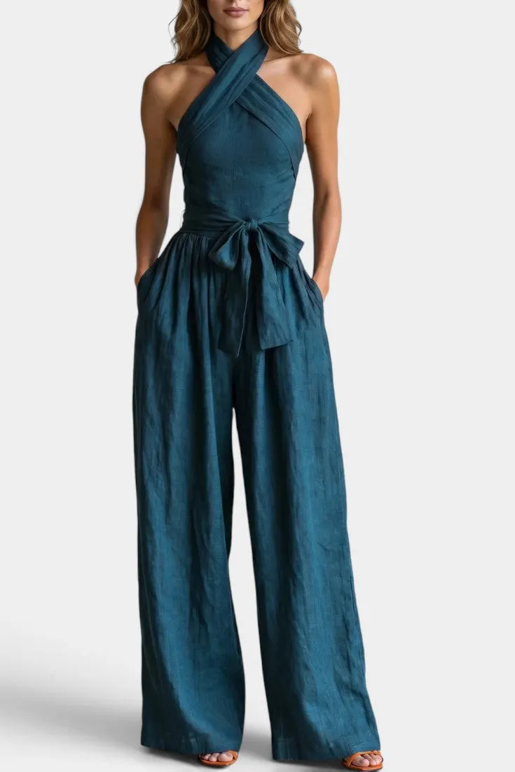 Asymmetric Halter Wrap Jumpsuit with Tie Waist