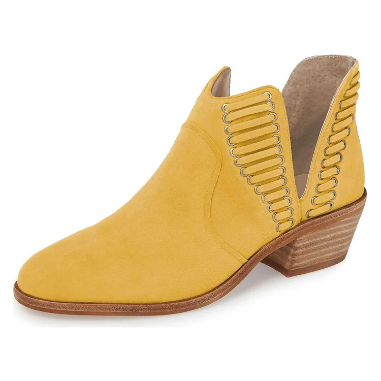 Yellow Vegan Suede Chunky Heel Ankle Boots Hollow Out Booties |FSJ Shoes