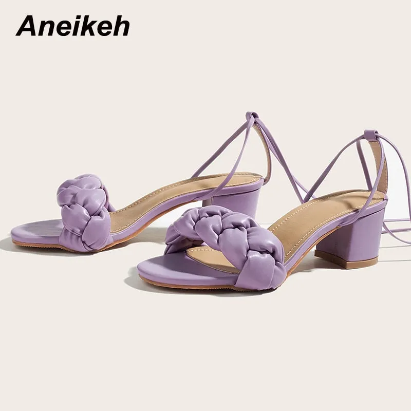 Aneikeh Sweet Women Shoes PU Fashion Sexy Square Heels Sandals 2021 Summer Elegant Party Cross-Tied Gladiator Lace-Up Checkered
