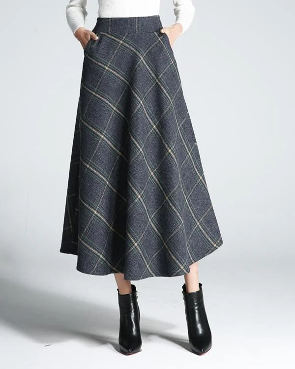 Women Woolen Plaid Thickening High Waist Skirts P148039