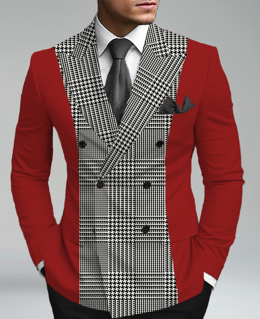 Business Peaked Lapel Double Breasted Houndstooth Patchwork Blazer