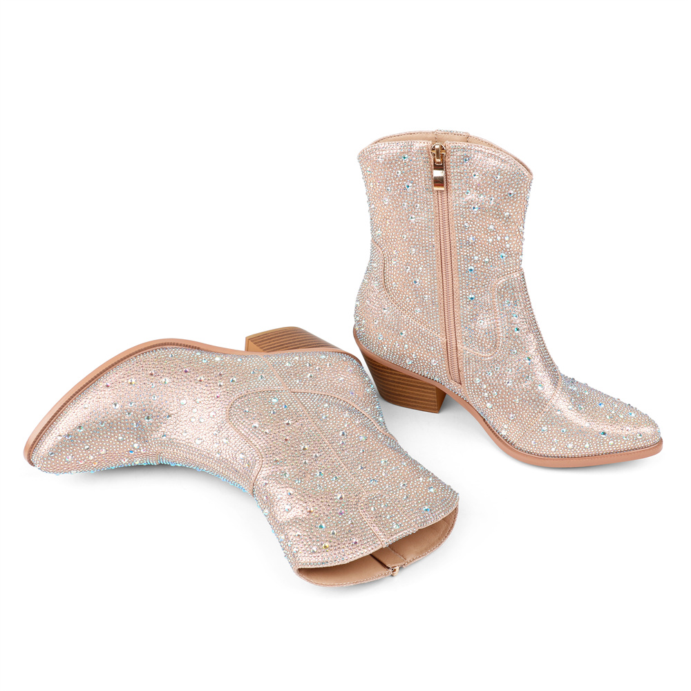 60mm Women's  Boots Ankle High Medium Heel Chunky Heel Diamond Studded Fashion Pull On Boot-MERUMOTE