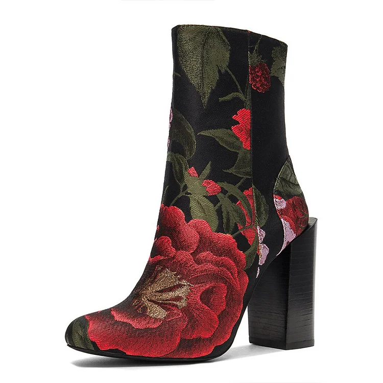 Black Satin Floral Embroidery Block Heel Short Boots for Women |FSJ Shoes