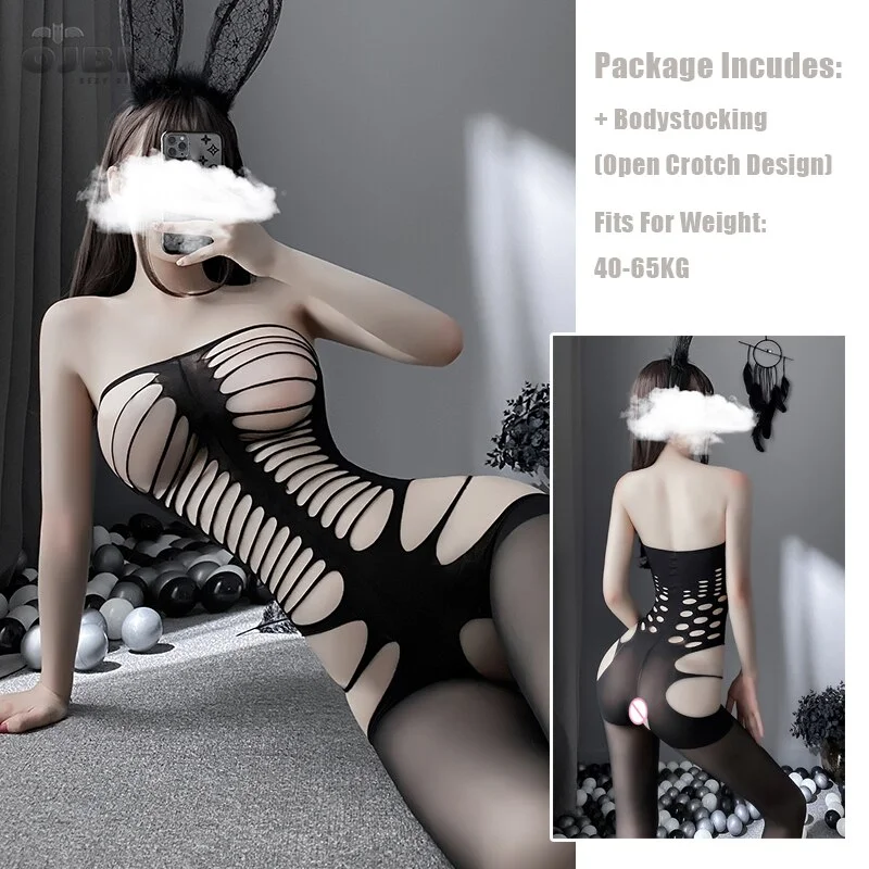 Billionm Sexy Fishnet Bow Bodysuit Hollow Out Butt  Erotic Lingerie Open Chest Stretch Mesh Body Stocking Doggy Costumes For Women 2020