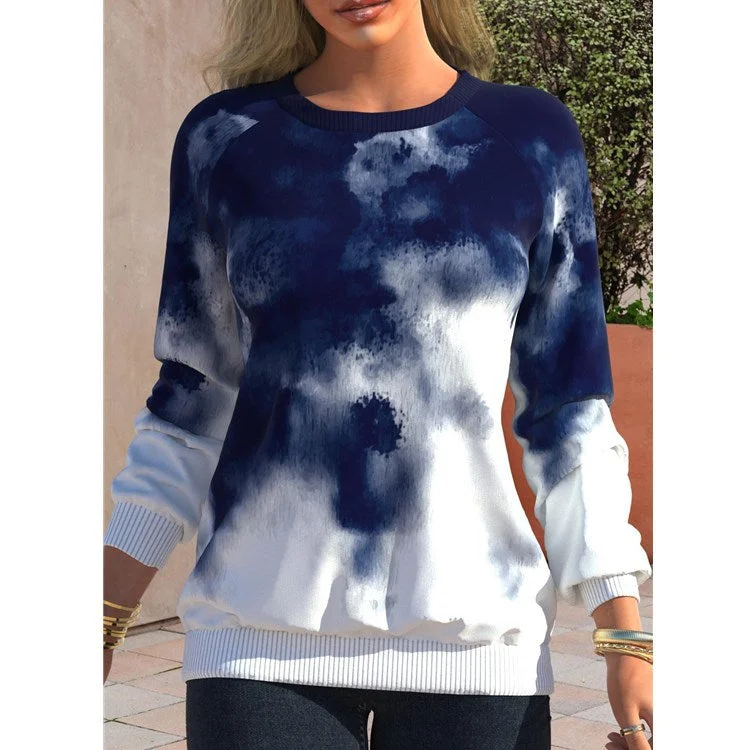 Uveng Autumn Tie-dyed Printed Round Neck Raglan Long Sleeve Sweaters
