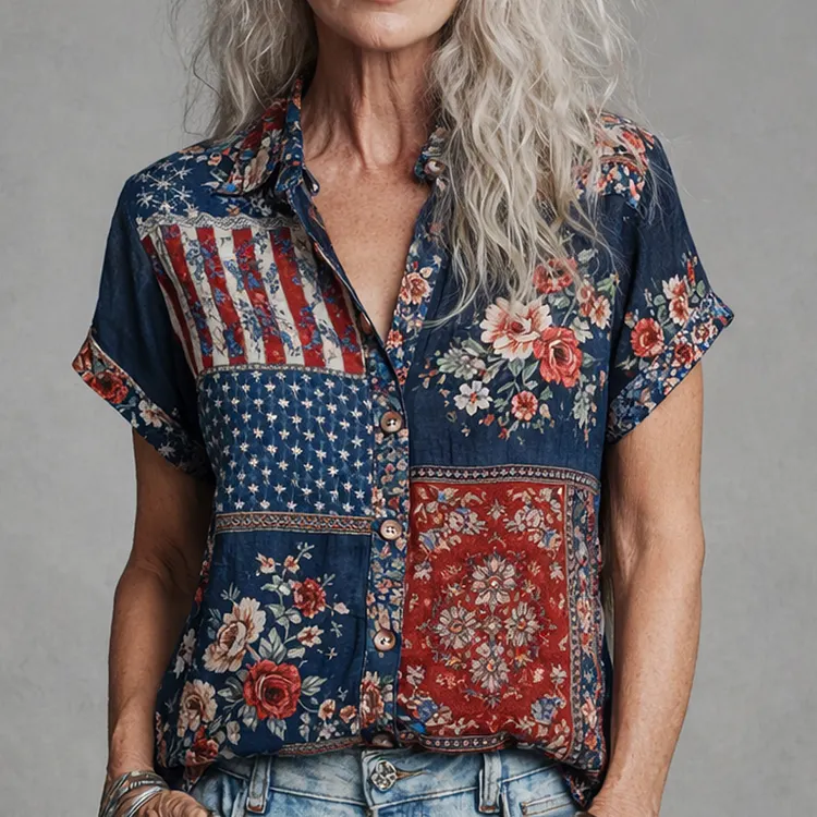 U.S. 250th Anniversary Flowers Boho Art Print Casual Shirt