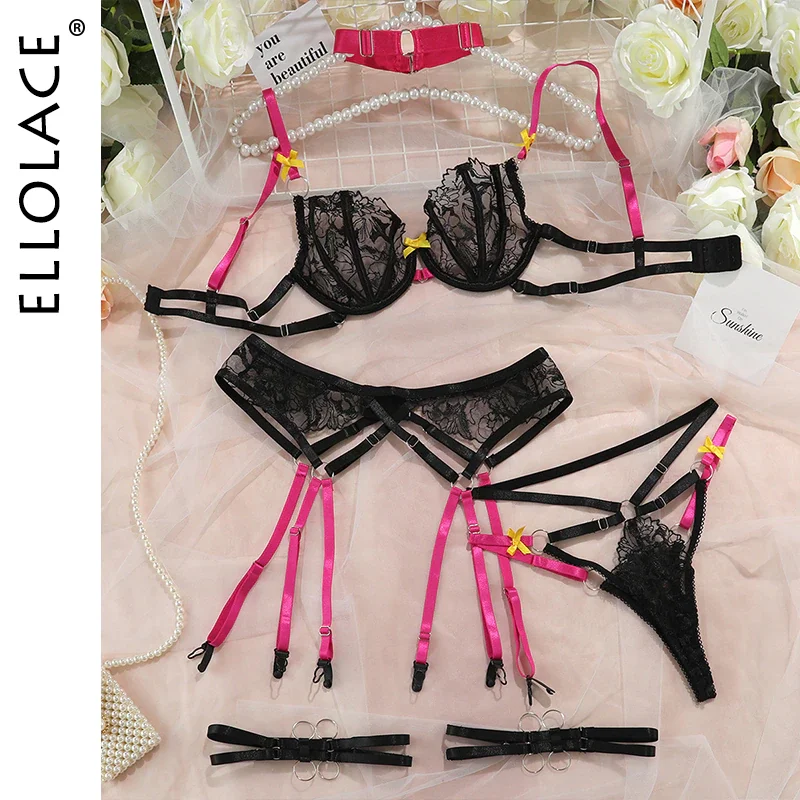 Billionm Erotic Lingerie Fancy Underwear Embroidery Transparent Bra And Panty Set 4-Pieces Bow-Knot Luxury Lace Sexy Outfits