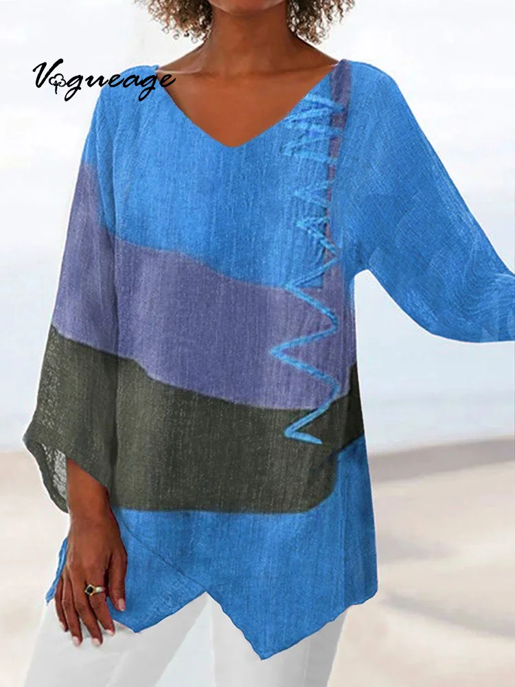 Loose V-Neck Irregular Hem Long Sleeved Casual Top