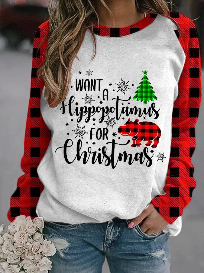 Women's I Want A Hippopotamus for   Check Print Sweatshirt