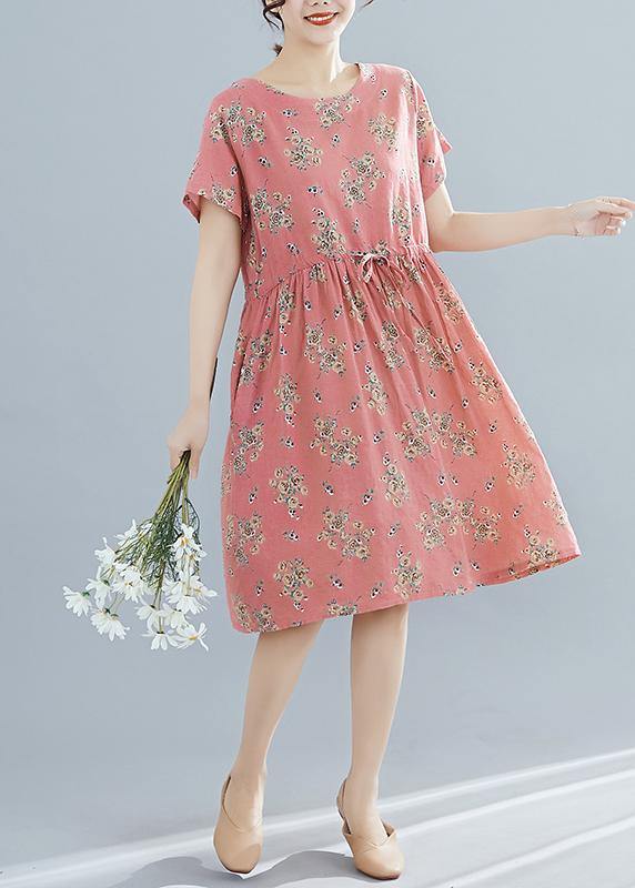 VCSHOES o neck drawstring Chiffon dress pink print Dresses summer