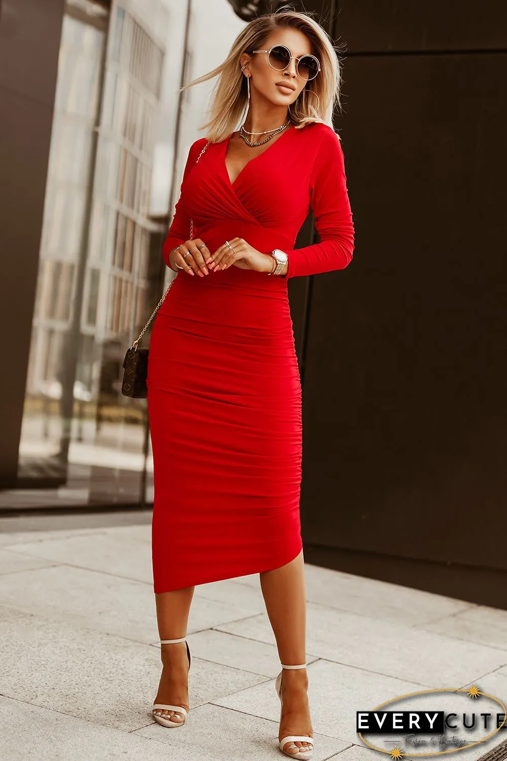 Red Long Sleeves Wrap V Neck Ruched Sheath Midi Dress