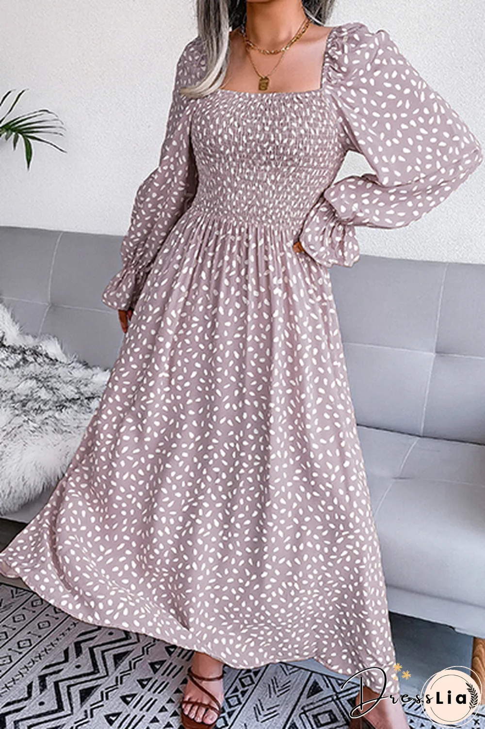 Elegant Print Flounce Fold Square Collar Dresses