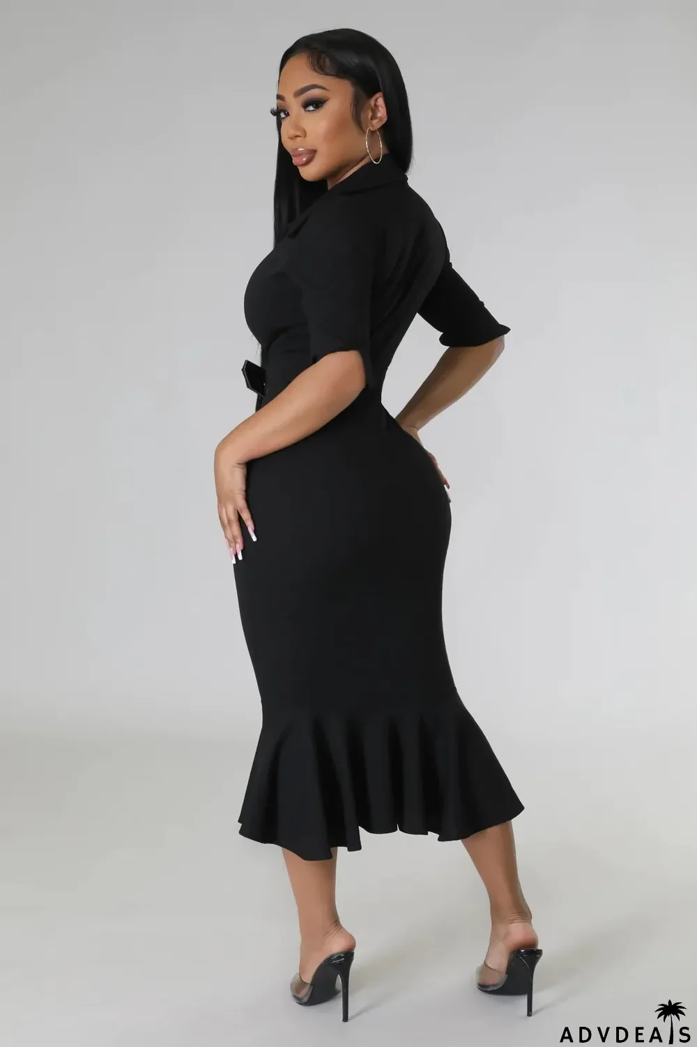 Solid Color Ruffles Waist Belt Midi Dress