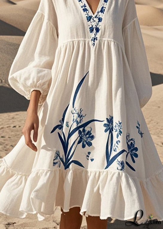 Beautiful White Oversized Print Cotton Dress Bracelet Sleeve