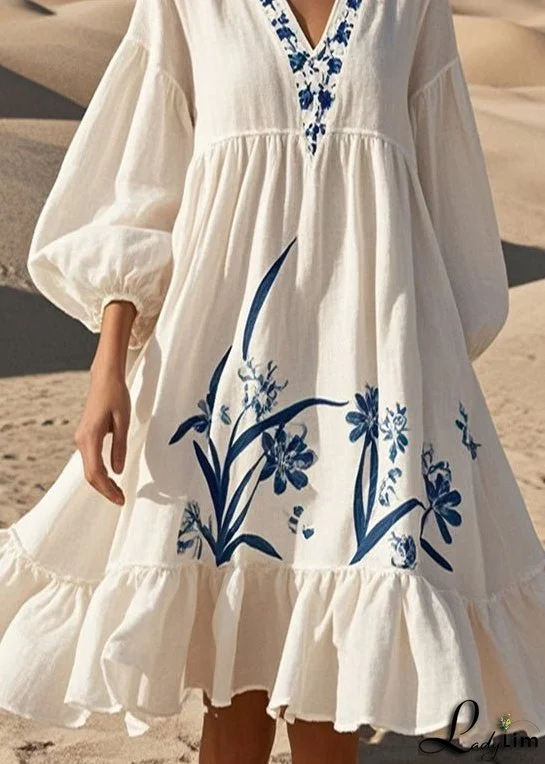 Beautiful White Oversized Print Cotton Dress Bracelet Sleeve