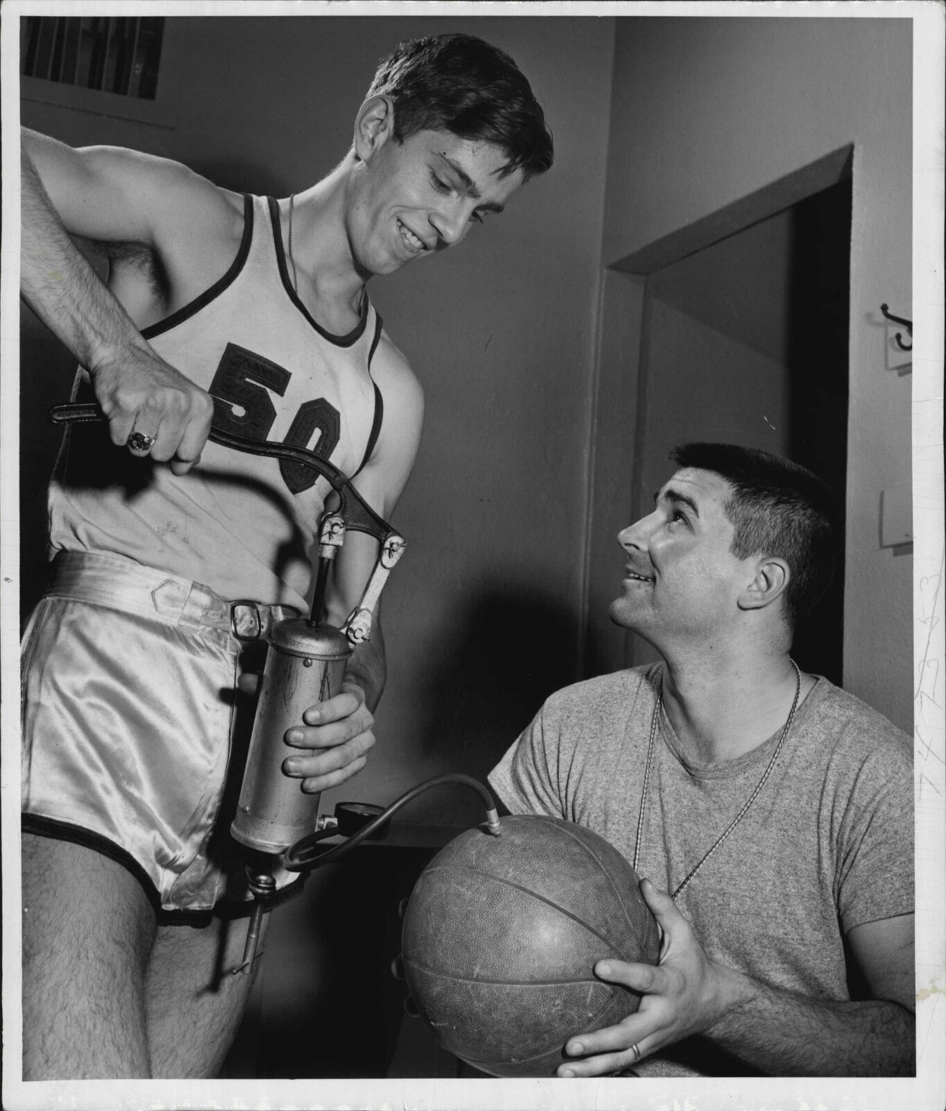 Marshall Univ Basketball Coach Don Sovell & Bob Goodsell 1953 Press Wire Photo Poster painting