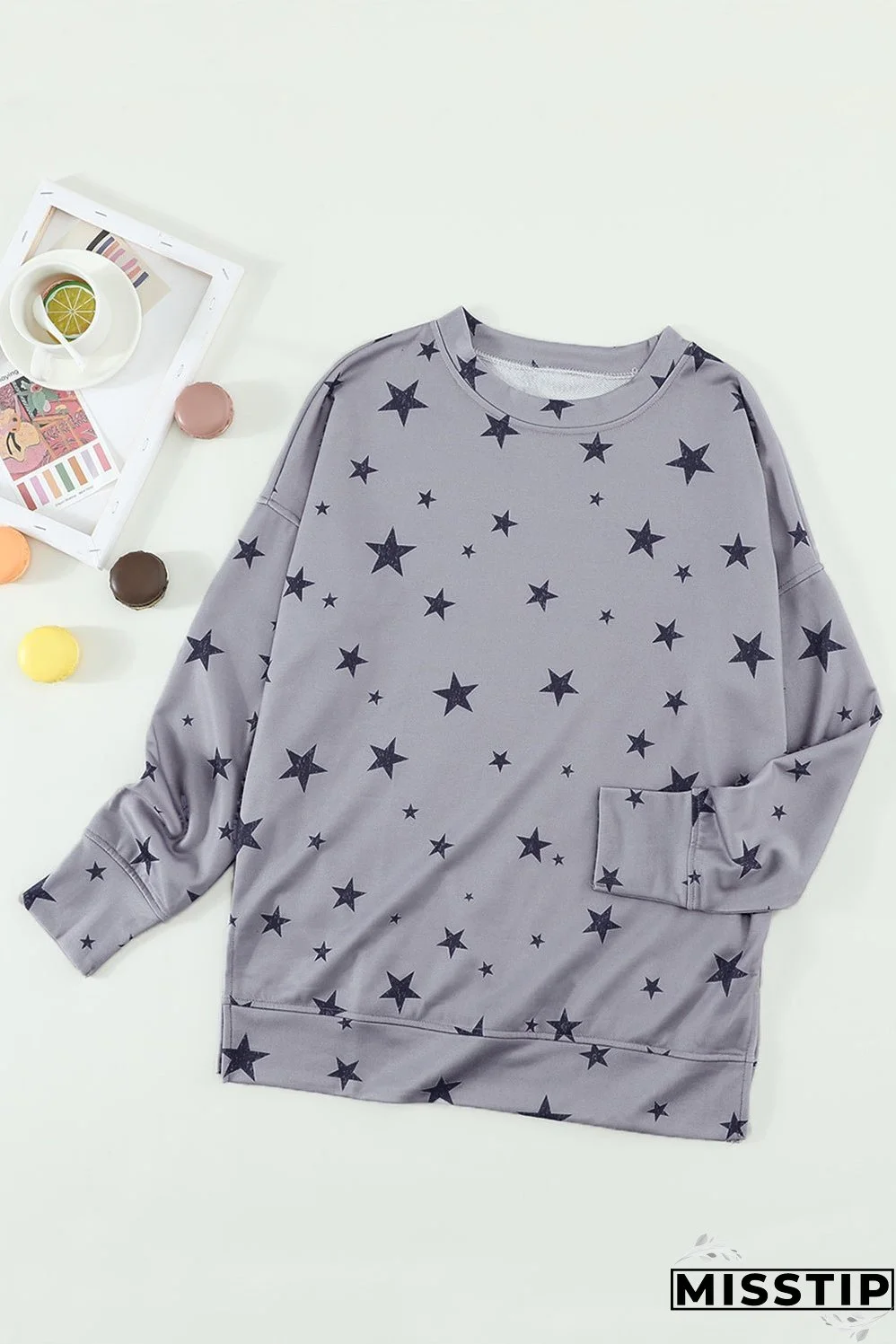 Women's Gray Round Neck Star Print Casual Long Sleeve Top