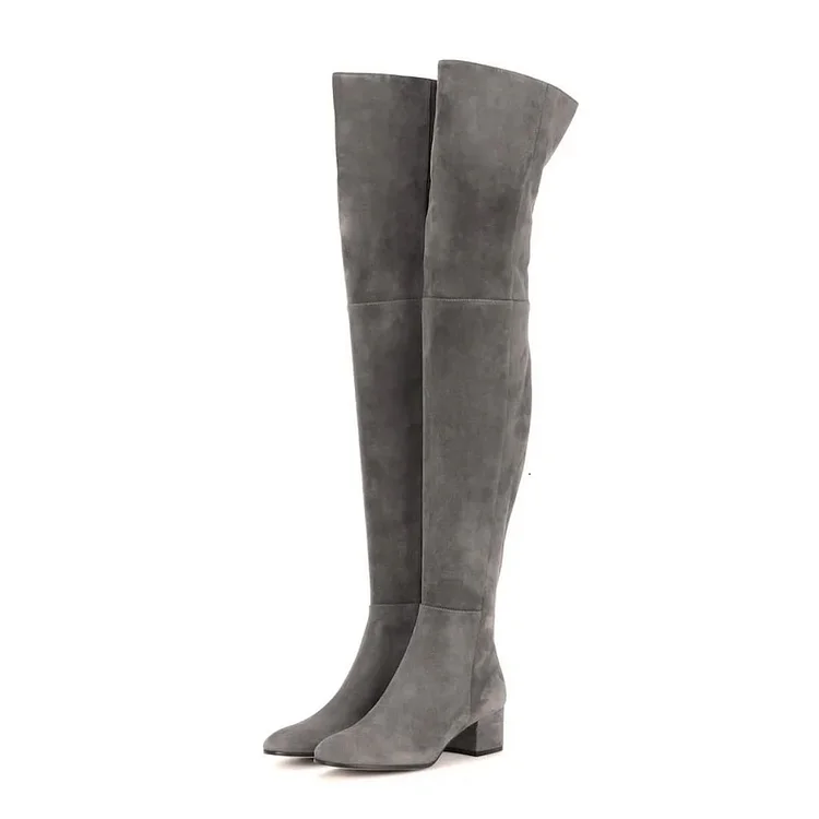 Grey Low Heel Suede Boots Fashion Thigh High Long Boots |FSJ Shoes