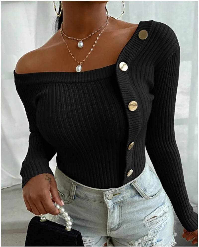 Ribbed Stripe Women Sweater Sexy Slim Fit Stitching Button Long Sleeve Pullover Multicolor Crew Neck Knitwear Plus Size Sweaters