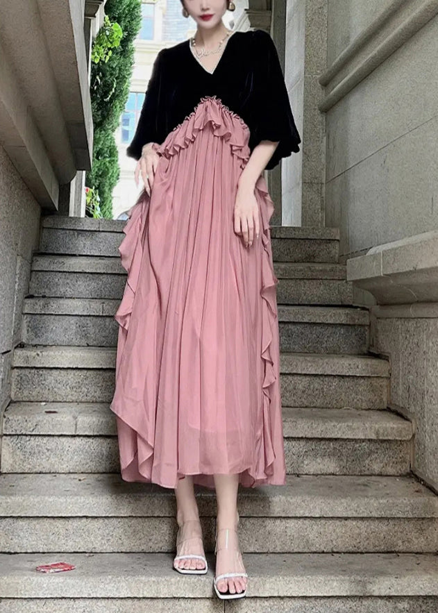 VCSHOES Loose Black Ruffled Patchwork Silk Velvet Dresses Puff Sleeve