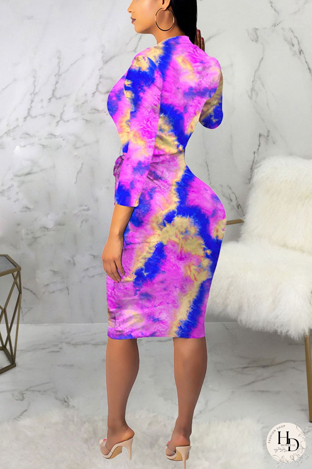 Powder blue Sexy Polyester Tie Dye Split Joint O Neck Long Sleeve Knee Length Long Sleeve Dress Dresses