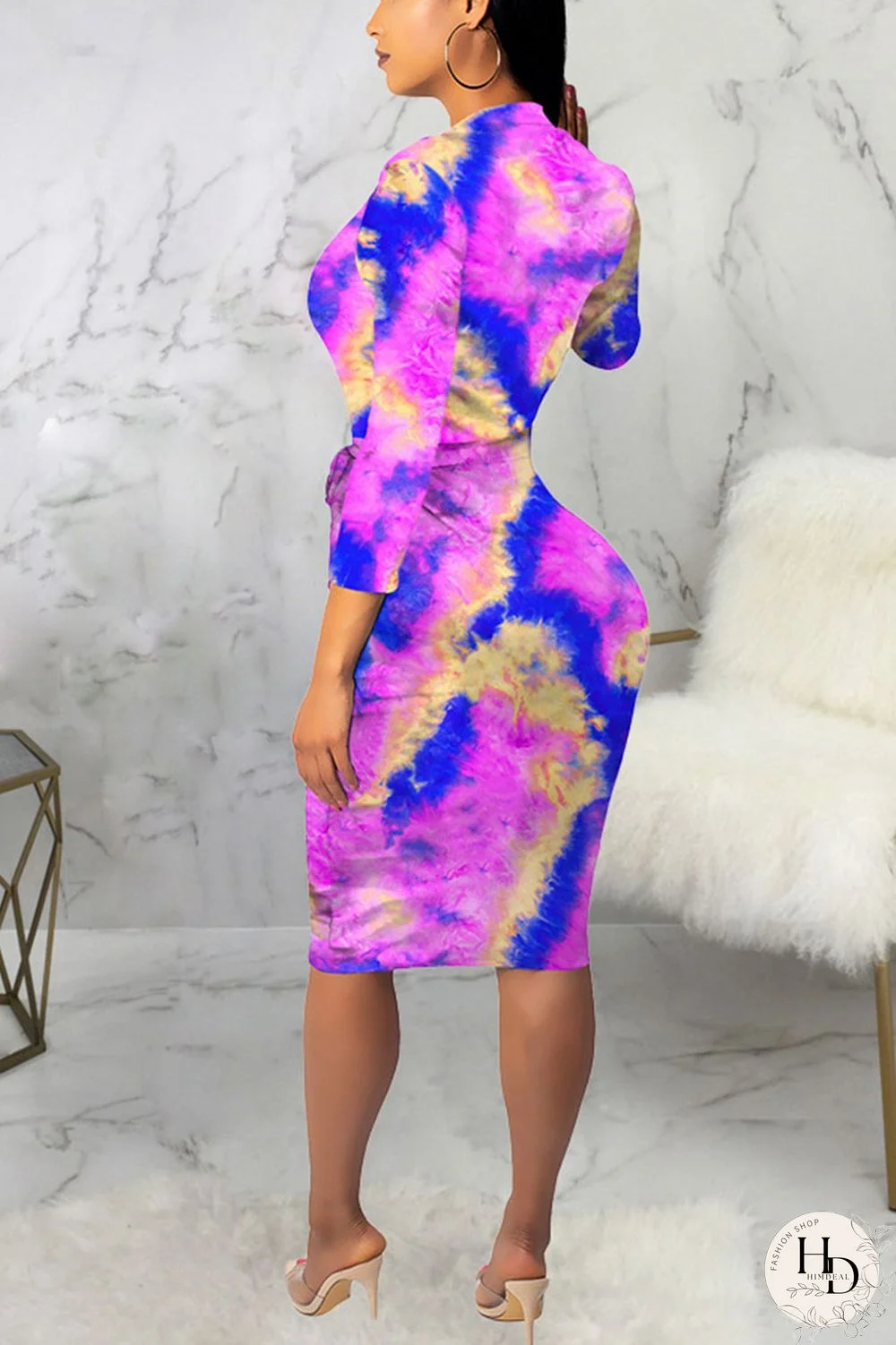Powder blue Sexy Polyester Tie Dye Split Joint O Neck Long Sleeve Knee Length Long Sleeve Dress Dresses