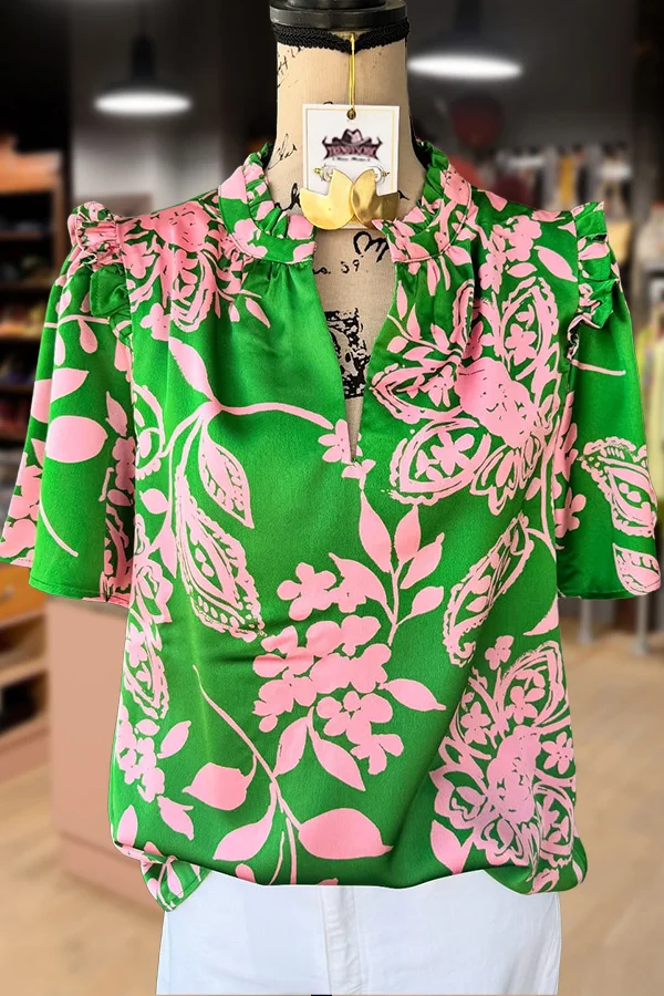 Retro Floral Print Ruffle Neck Top