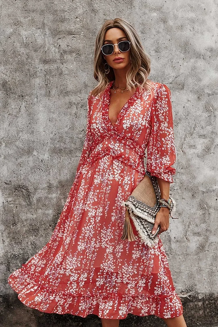 Luditu Midi Dress, Ruffle Floral Lillian Red