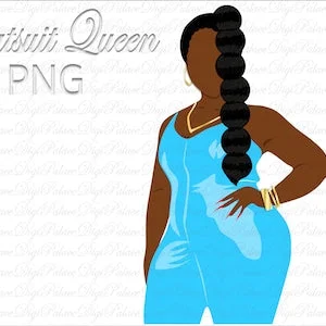 pornhint Pornhint Black Woman in Aqua Blue Catsuit Clipart, Curvy Girl Clipart, Girl Clipart, African American Fashion Clipart, Plus Size Clipart