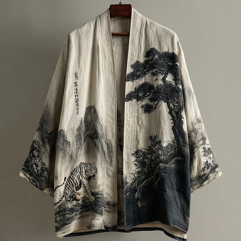 Retro Landscape Art And Tiger Pattern Casual Kimono Cardigan  artssus