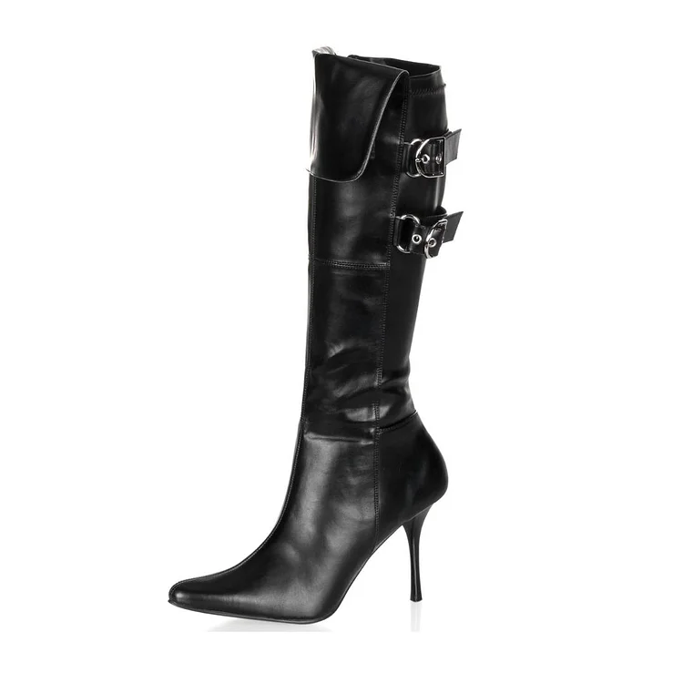 Black Tall Boots Pointy Toe Stiletto Heel Cat Woman Knee Boots |FSJ Shoes