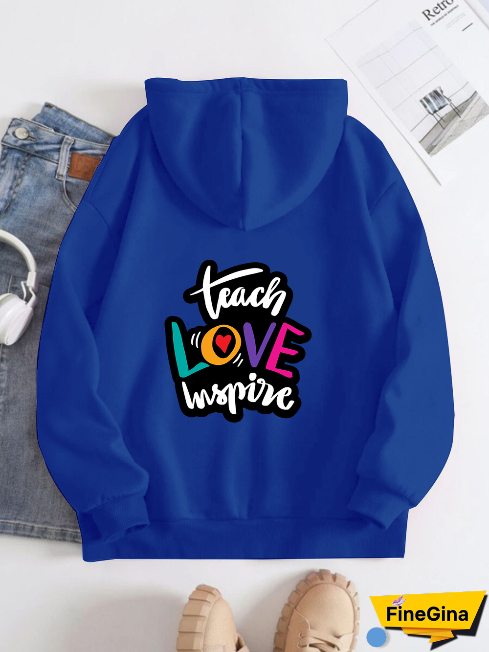 Printed on the Back Kangaroo Pocket Hoodie Long Sleeve for Women Pattern Teacher love imspure