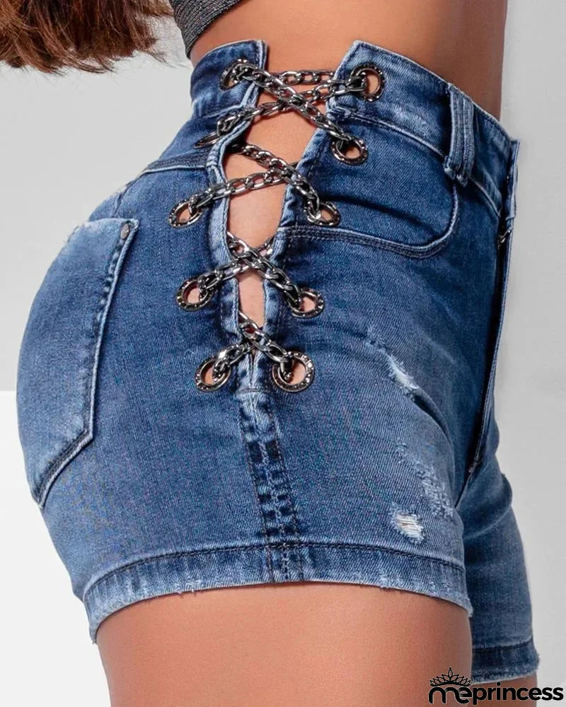 Women's Polyester High Waist Zipper Fly Ripped Pattern Shorts