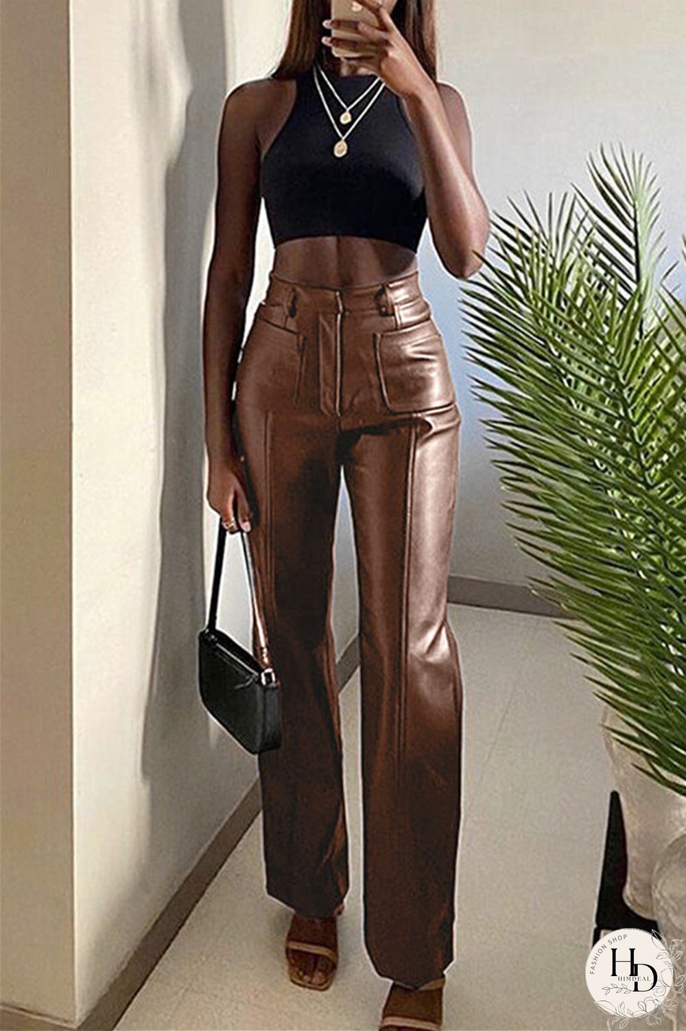 Brown Fashion Casual Solid Split Joint Regular High Waist Trousers