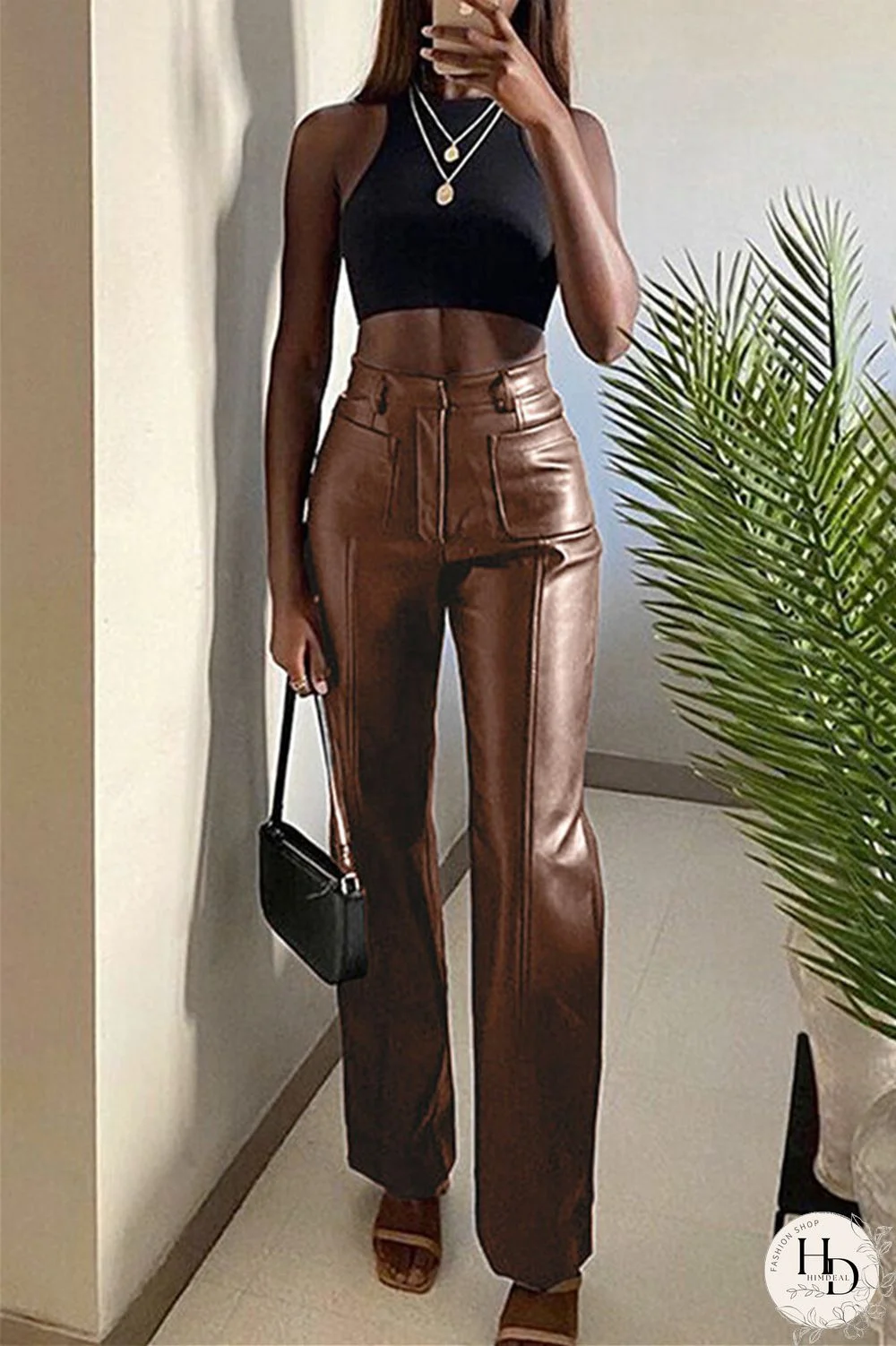 Brown Fashion Casual Solid Split Joint Regular High Waist Trousers